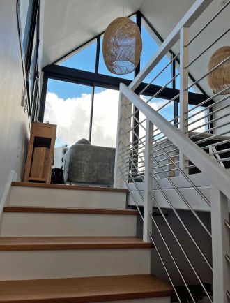 staircase and large bay window 