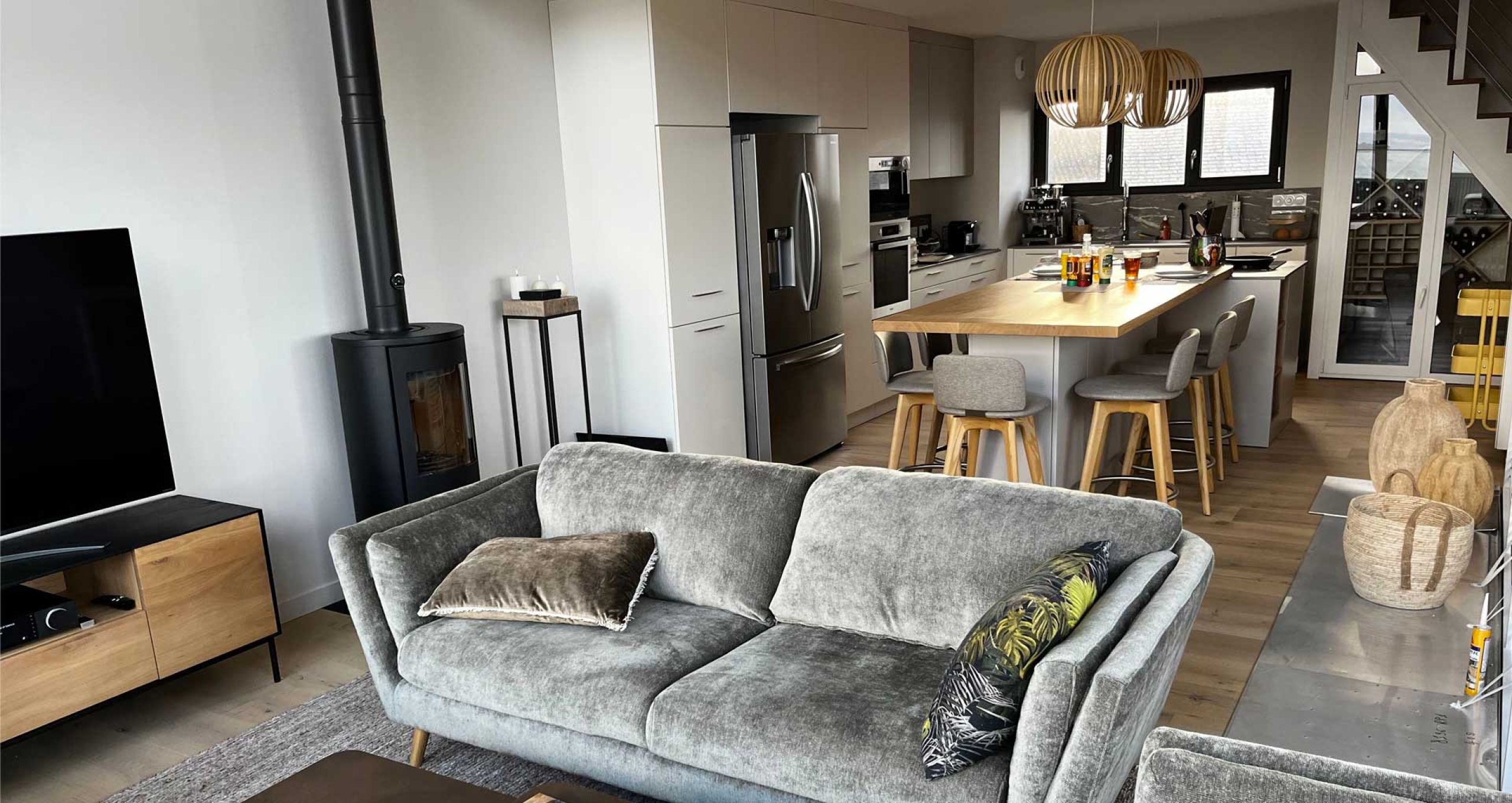 large living room with lounge, living room, kitchen